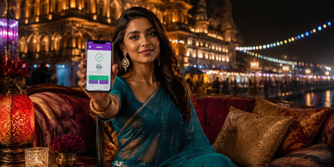 Indian woman using mobile phone for secure payments in Lucknow